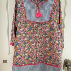 Mini Boden Floral and Striped Tunic with Pink Trim
